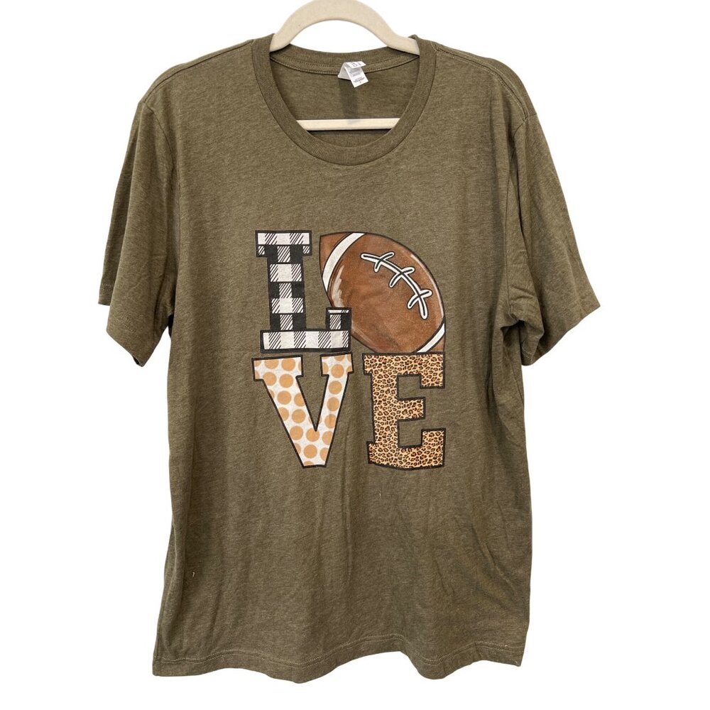Bella + Canvas LOVE Football Graphic T Shirt Womens L Short Sleeve Plaid Leopard